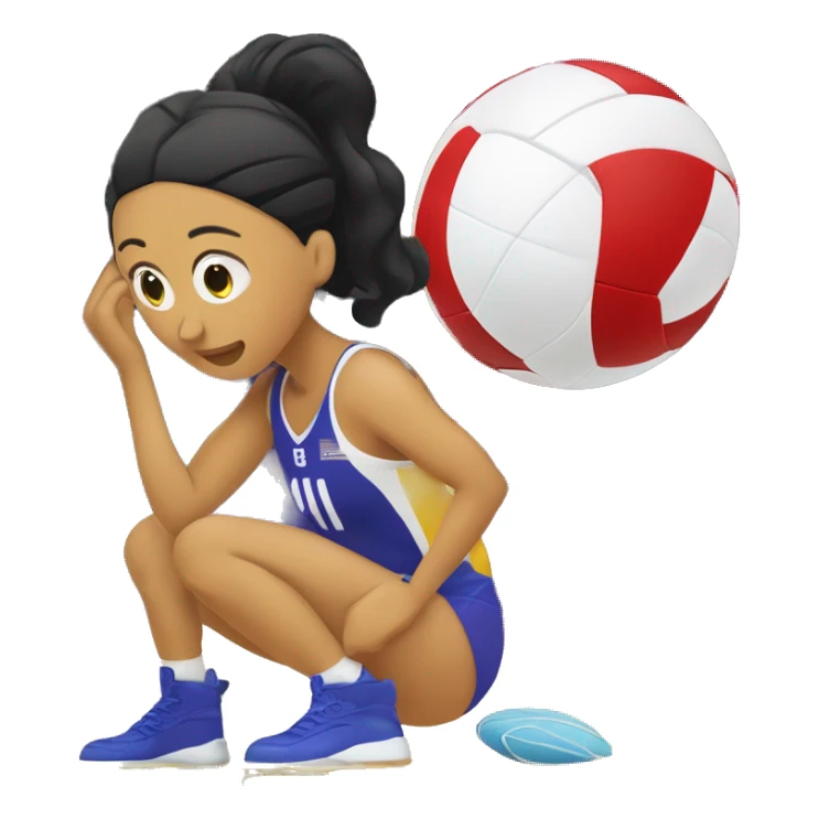 una perona sentada en el piso con una red de voleibol alfrente y un balon de voleibol arriba  sticker