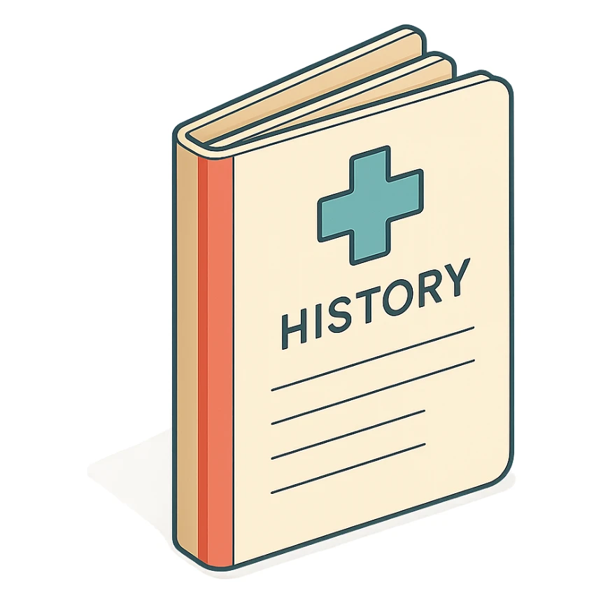 first page of medical history folder with red stripe on the side, 2D isometric style, clean outlines, highly detailed drawing, shadows and highlights, soft lighting, transparent background sticker