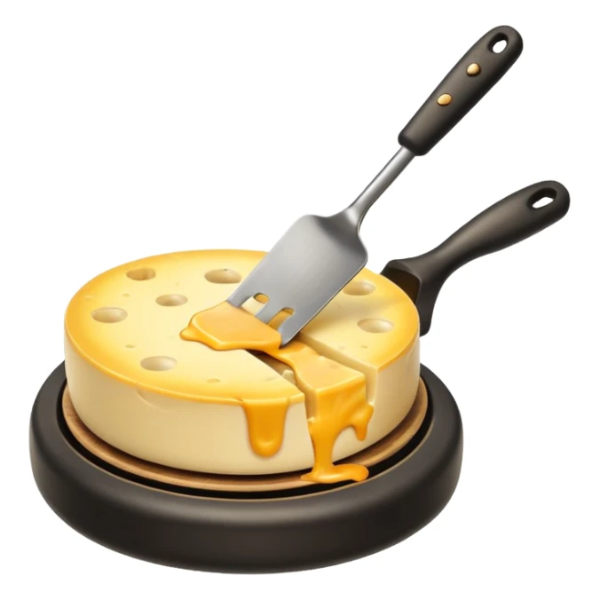 a half wheel of raclette cheese being scraped with a metal spatula, melted cheese flowing, warm golden colors, modern emoji style, clean outlines, transparent background sticker