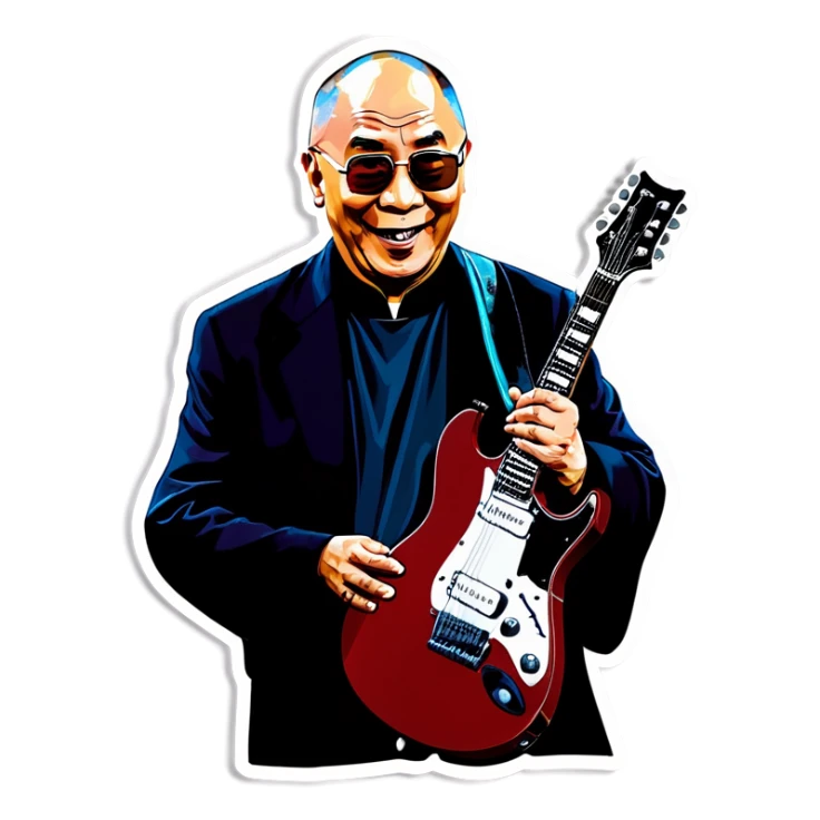 Dalai lama rocks an electric guitar with Jon Bon Jovi sticker