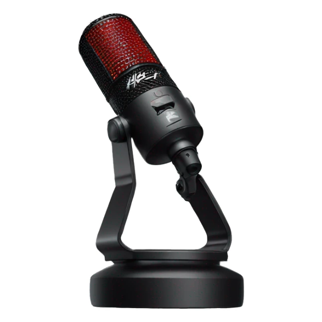 "Create an emoji of the HyperX QuadCast microphone with its red LED grille, black body, and cylindrical shape, including a compact stand with a shock mount."

 sticker