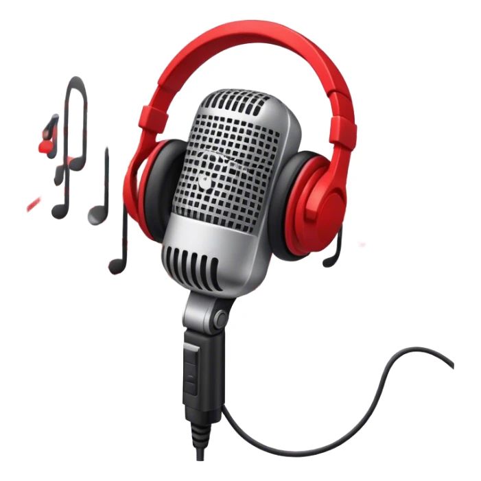 Create a dynamic and energetic emoji that represents beatboxing. The design should feature a stylized microphone with sound waves emanating from it, symbolizing vocal percussion and rhythm. Add elements like headphones or a subtle speaker to emphasize the music production aspect. Use bold colors like black, white, and red to convey the intensity and creativity of beatboxing. The background should be transparent. sticker