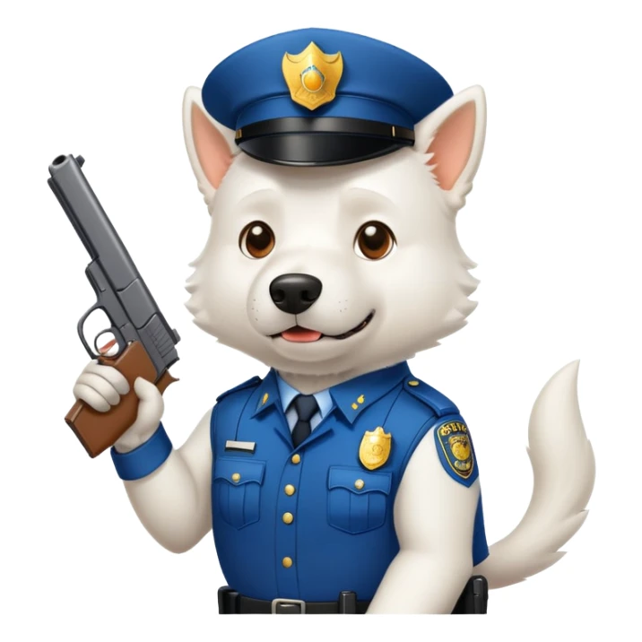 A big pumped-up white dog in a police uniform with a gun sticker