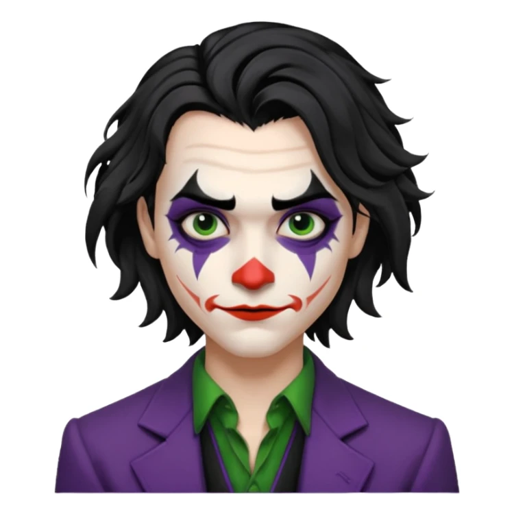 Faça uma pessoa com cabelo preto pouco bagunçado e pouco grande com cara de coringa sticker