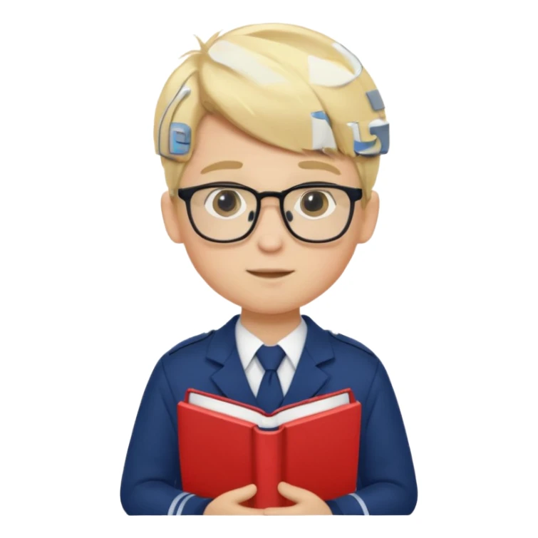Boy student wearing uniform, glasses, hold book in front of their chest, blonde hair, white skin sticker