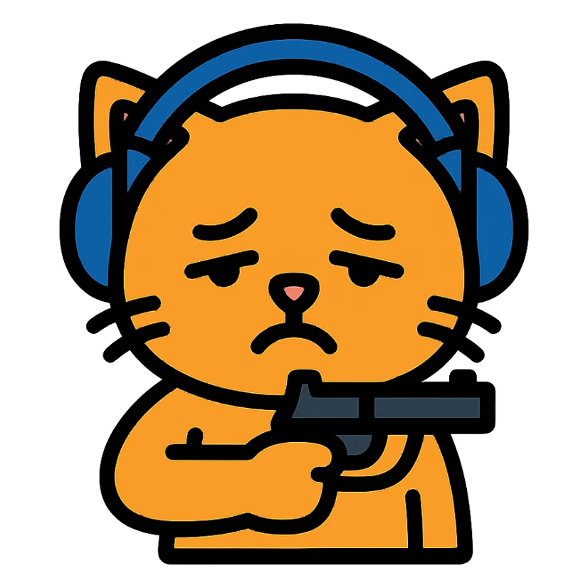 tired sad cat holding a gun, wearing headphones, colored icon sticker
