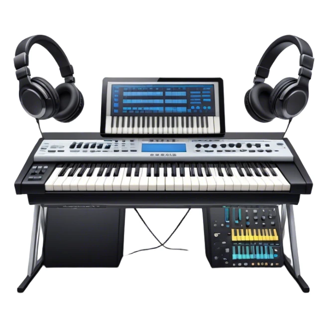 Create a professional and artistic emoji that represents writing music tracks. The design should feature a large monitor displaying musical notes or a score, positioned in front of a professional Korg synthesizer. Add elements like studio headphones, a MIDI keyboard, and an audio interface to symbolize the tools used in music production. Use sleek, modern colors like silver, black, and neon accents to convey the professional environment of music composition. The background should be transparent. sticker
