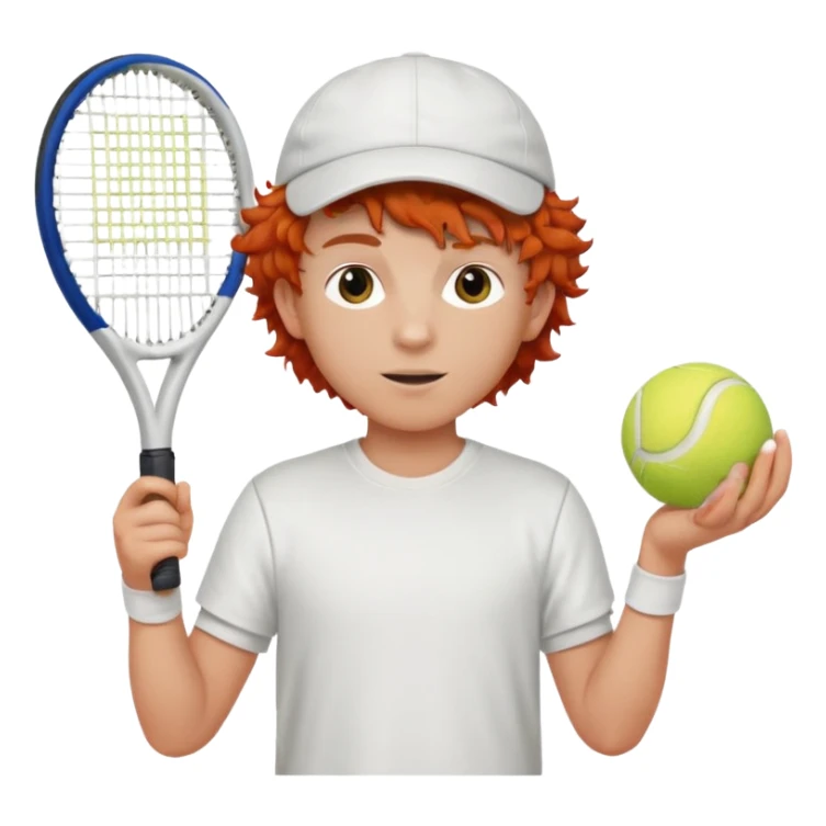 Ragazzo con capelli rossi e ricci,  con maglietta bianca, berretto bianco, pallina e racchetta da tennis sticker