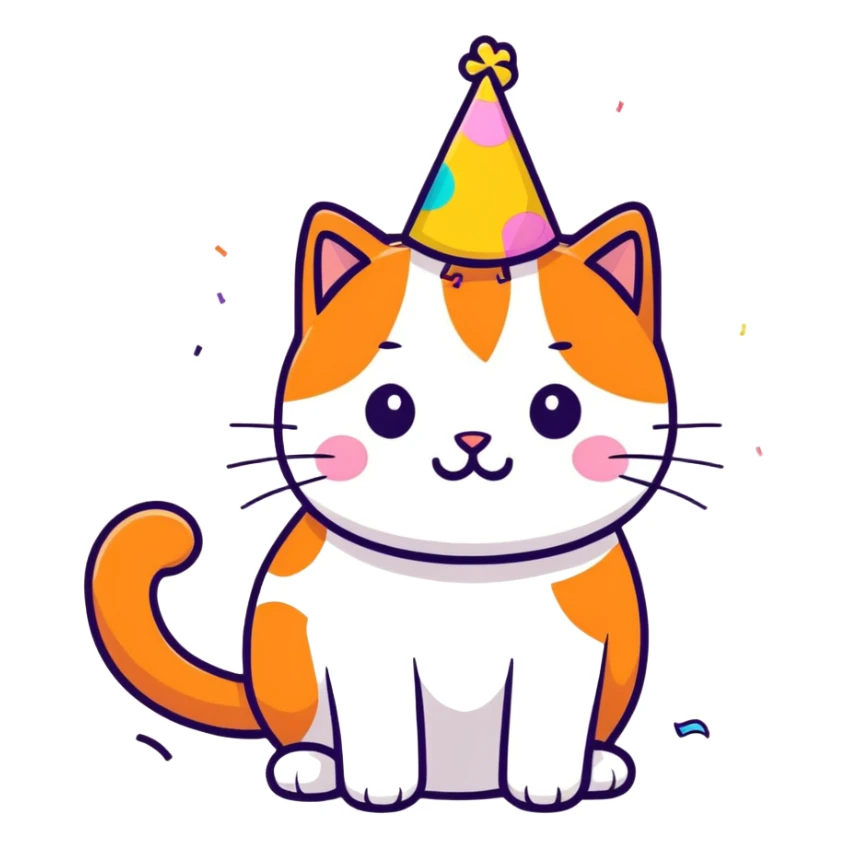 orange cat celebrating with a part hat on and confetti sticker