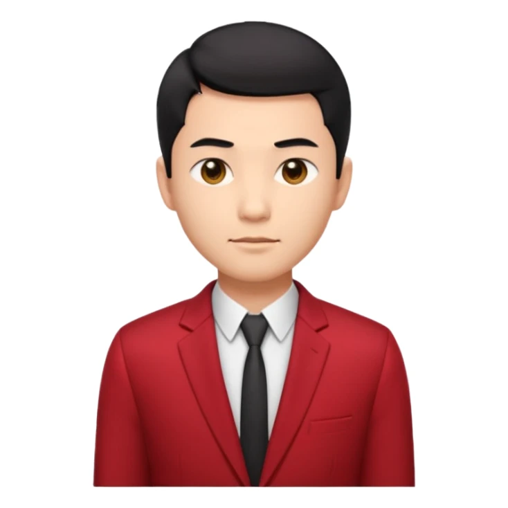 cool handsome Asian man emoji, short black hair styled with exposed forehead, natural slick hairstyle, sharp facial features, fair skin, confident eyes, subtle smirk, wearing dark red suit and white shirt with top buttons undone sticker