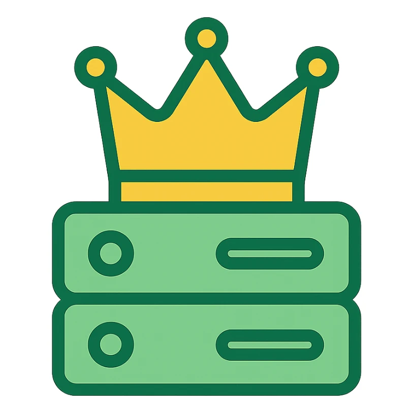 King Server brand logo, server box with a crown on top, color icon style, playful, rounded shapes, green and yellow colors, no text sticker