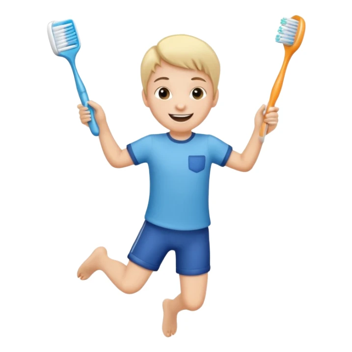 Creat an emoji for kid jumping and holding toothbrush sticker