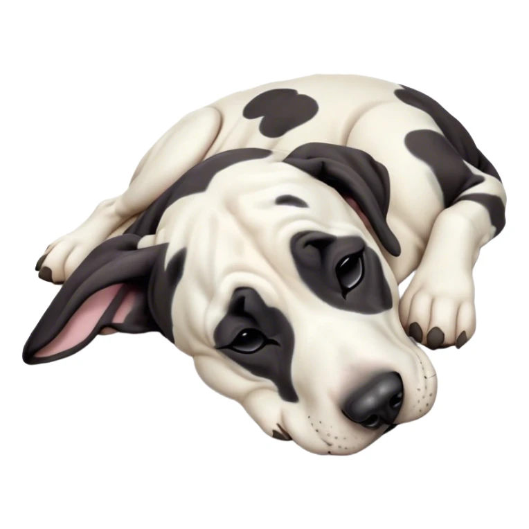 Meme-Worthy Cute Sleeping Harlequin Great Dane Portrait Emoji, Head resting peacefully with a contented smile, showcasing a delightfully majestic build and a luxuriously soft coat of predominantly white with bold black patches, eyes shut in a serene nap, Simplified yet hilariously adorable features, highly detailed, glowing with a soft, drowsy light, high shine, relaxed and utterly lovable, stylized with an air of playful laziness, bright and heartwarming, soft glowing outline, capturing the essence of a comically sleepy guardian, so meme-worthy it feels like it could instantly become the next viral sensation of adorable slumber! sticker