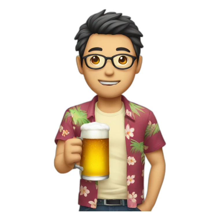 Japanese wearing roundglasses alohashirt is holding beer sticker