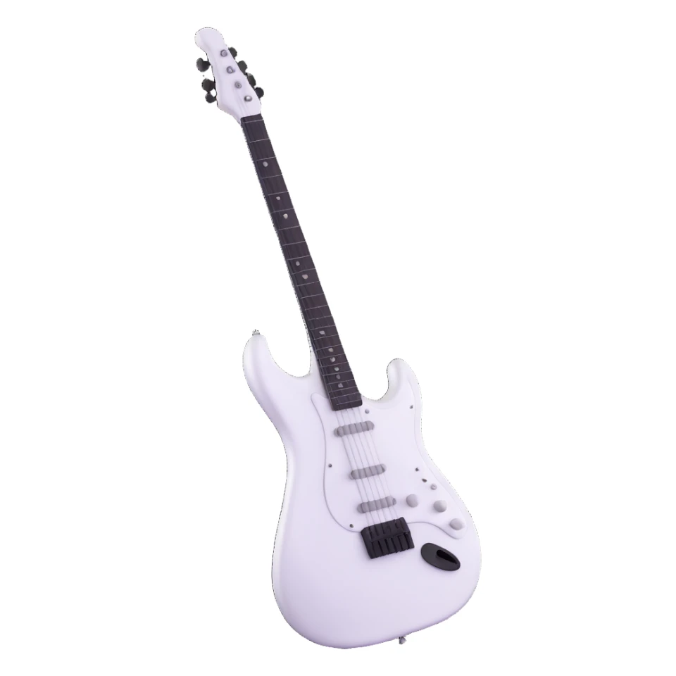 White electric guitar with sleek shiny body, black strings, and smooth neck sticker