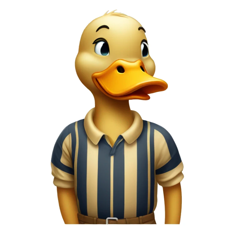 duck wearing a striped polo shirt and a gold diaper sticker