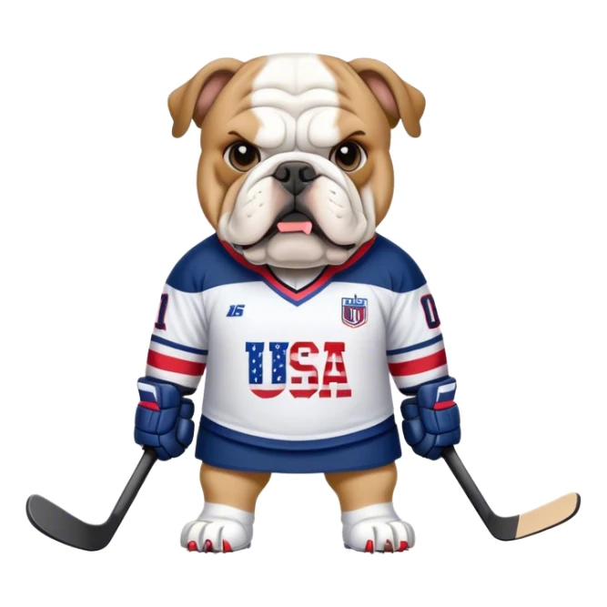 Bulldog wearing USA hockey jersey sticker
