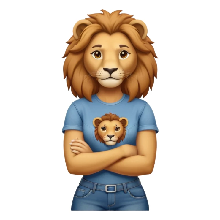 female anthropomorphised lion character standing confidently with arms folded wearing jeans and a t-shirt sticker
