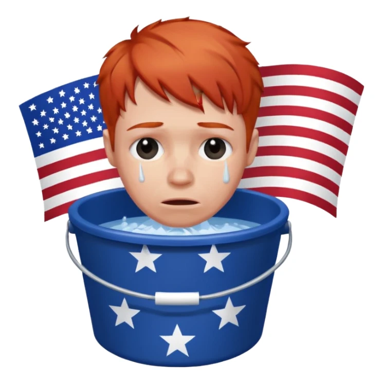 short red haired man crying into bucket with USA flag on it sticker