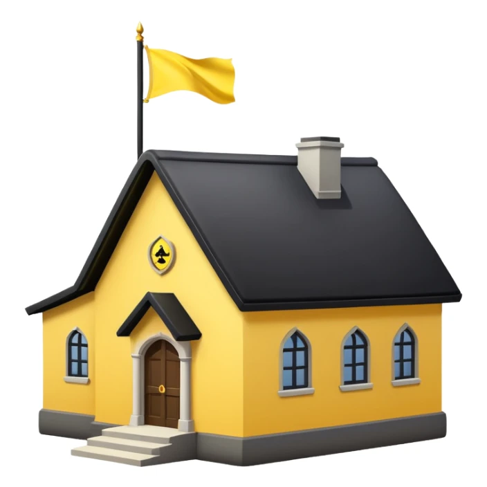 simple magic school, low detail, white background, magic school, black roof, with a big flag, big flag on a roof, big yellow flag, white school sticker