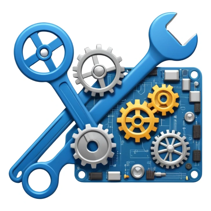 An icon featuring a wrench, gears, and a blueprint, symbolizing engineering. The design includes a circuit board, a hammer, and a compass, representing the creation and innovation of machines, structures, and technology. Transparent background sticker