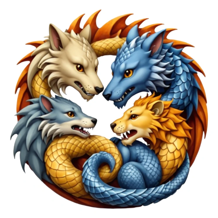 A wolf, a lion, a dragon, all eating each other's tail ouroboro sticker