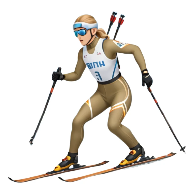 An icon featuring a biathlete in motion, holding a rifle and skiing across a snowy course. The backdrop includes snow-covered trees, distant mountains, and a clear blue sky. Transparent background highlights the precision, endurance, and excitement of biathlon. sticker
