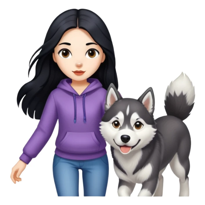 A girl with long black hair walks a husky sticker