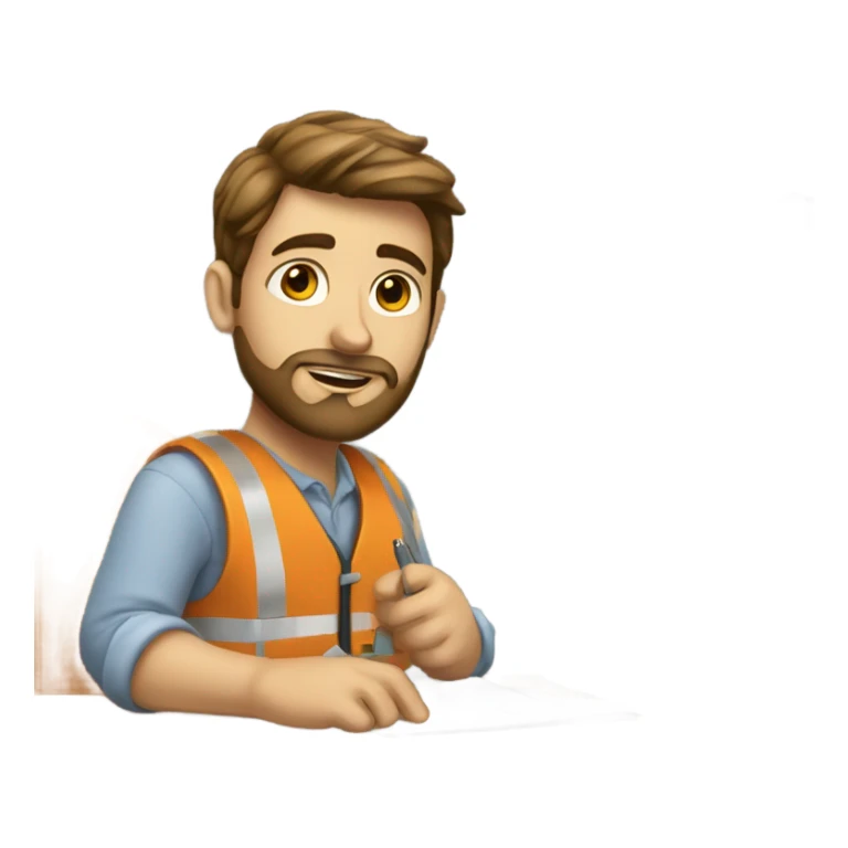 white boy with brown hair and beard working his engineering job at a desk sticker