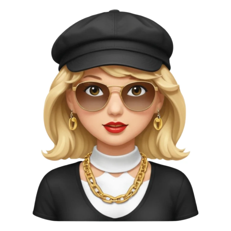 Taylor Swift with wavy hair wearing a backwards cap, sunglasses, and a thick gold chain around her neck sticker