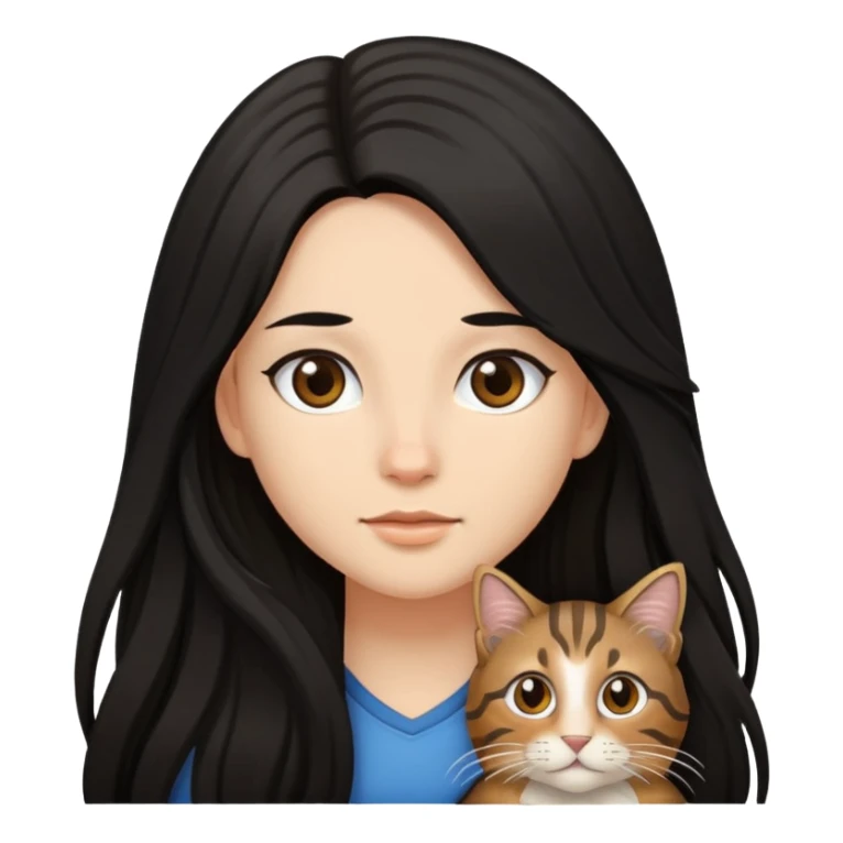A girl with long black hair and  a brown long haired tabby sticker