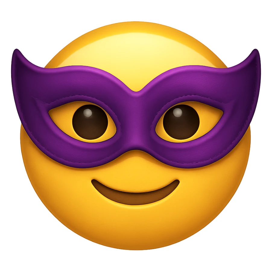 yellow face with purple masquerade mask emoji, digital illustration sticker
