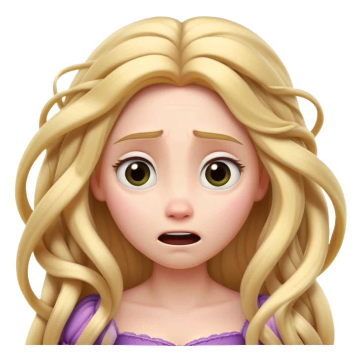 Cinematic Funny Rapunzel Portrait Emoji, Looking exhausted while tangled in her own hair, a dramatic sigh, eyes rolling with humorous exasperation, a hilariously relatable moment for the long-haired princess! sticker