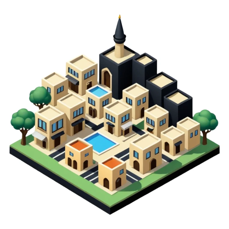 little city and many, small, ordinary, simple, home, Iranian-style, 1980, isometric sticker