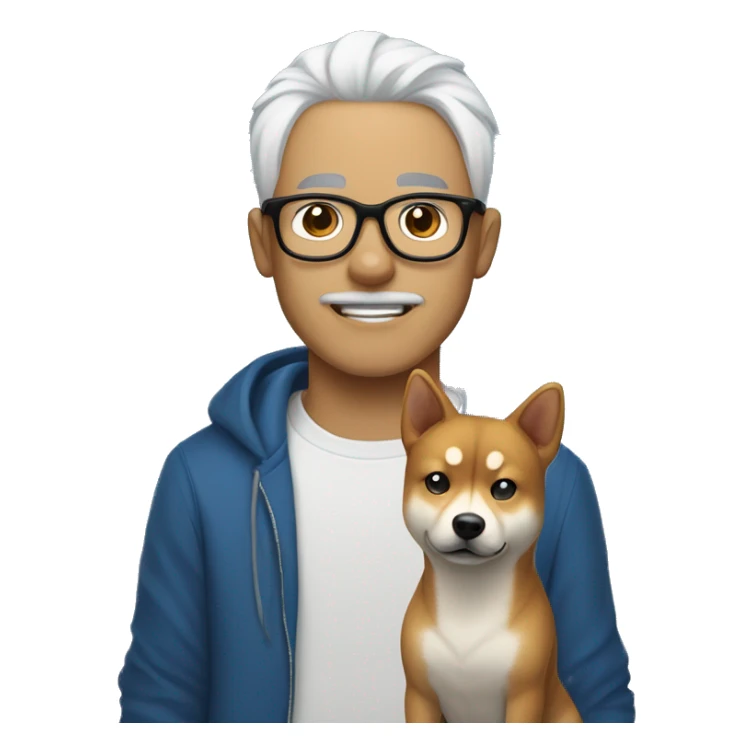 A guy with white hair tied in a ponytail, black-framed glasses, a nose piercing, a blue hoodie and a Shiba Inu dog next to him sticker