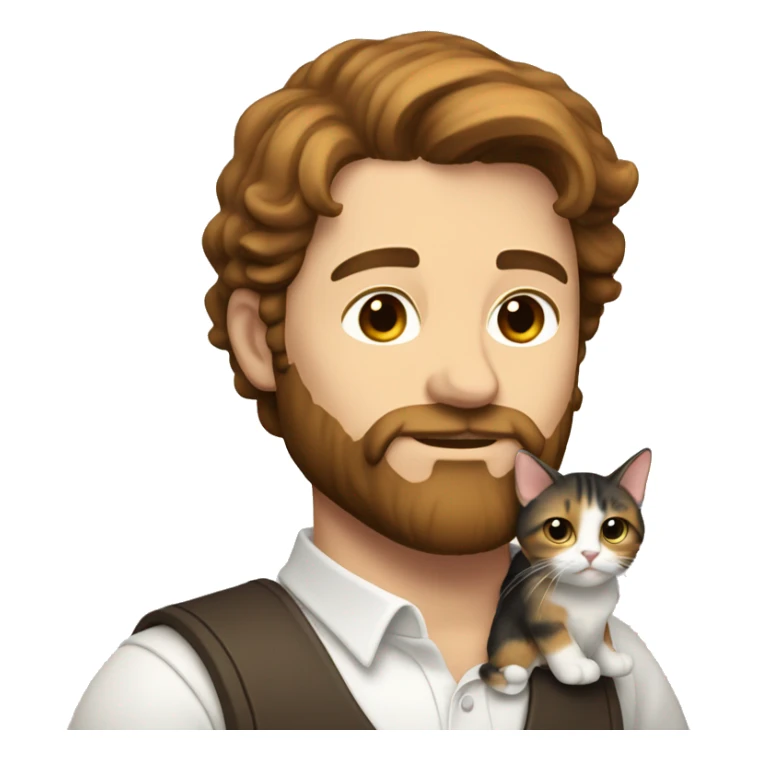 A whit man with brown hair and beard holding calico cat sticker