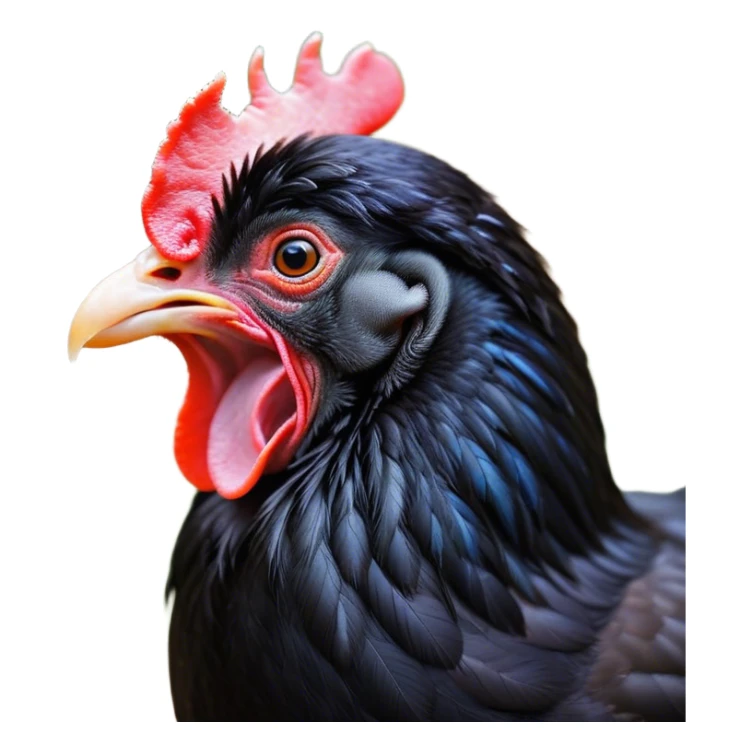 Cinematic Cute Yawning Black Chicken Portrait Emoji, Head tilted slightly with a dramatic, wide-open yawn, showcasing a soft, glossy black plumage with subtle hints of iridescence and a distinctive red comb, floppy wings slightly drooping, round beady eyes barely open in drowsy contentment, Simplified yet irresistibly adorable features, highly detailed, glowing with a soft, cozy glow, high shine, relaxed yet expressive, stylized with a touch of whimsy, bright and endearing, soft glowing outline, capturing the essence of a sleepy yet affectionate chicken, so drowsy it feels like it could stretch out of the screen and curl up for a nap! sticker