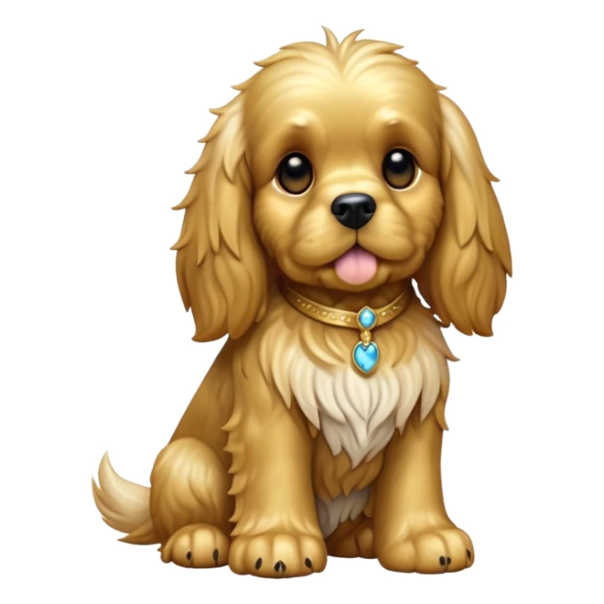 cinematic-[cocker spaniel dog]-realistic-full-body-sitting-emoji,-tail-resting-loosely-beside-its-paws,-head-tilted-dramatically,-scruffy-[solid gold]-fur,-simplified-yet-realistic-focused-features,-highly-detailed,-glowing-with-an-almost-sarcastic-glow sticker