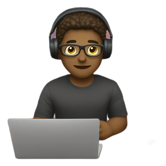 programmer in front of a library full of books books-wearign a headset coding on a laptop sticker