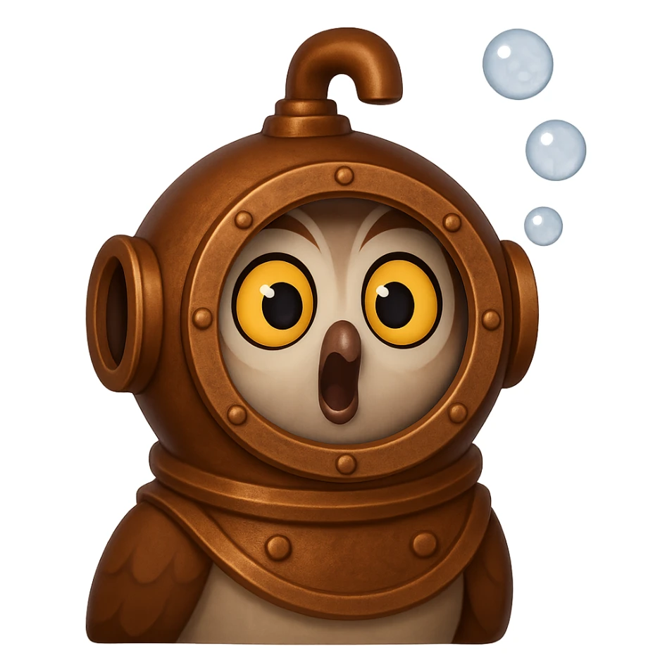 В стилистике эмоджи сгенерируй сову, которая удивленная в старом медном акваланге, их рта идут пузырьки, прозрачный фон sticker
