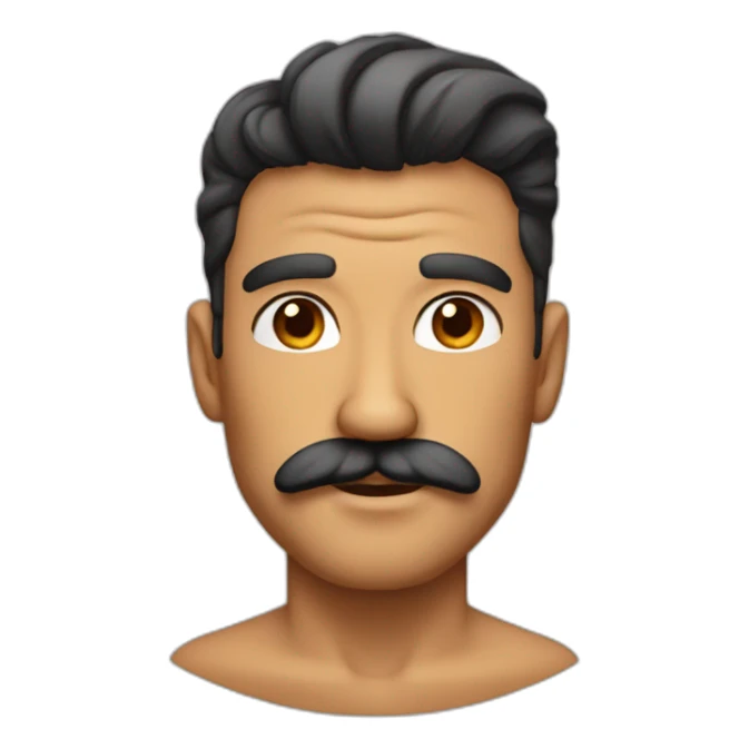 Bold man with big mustache and a skin tan and sticker