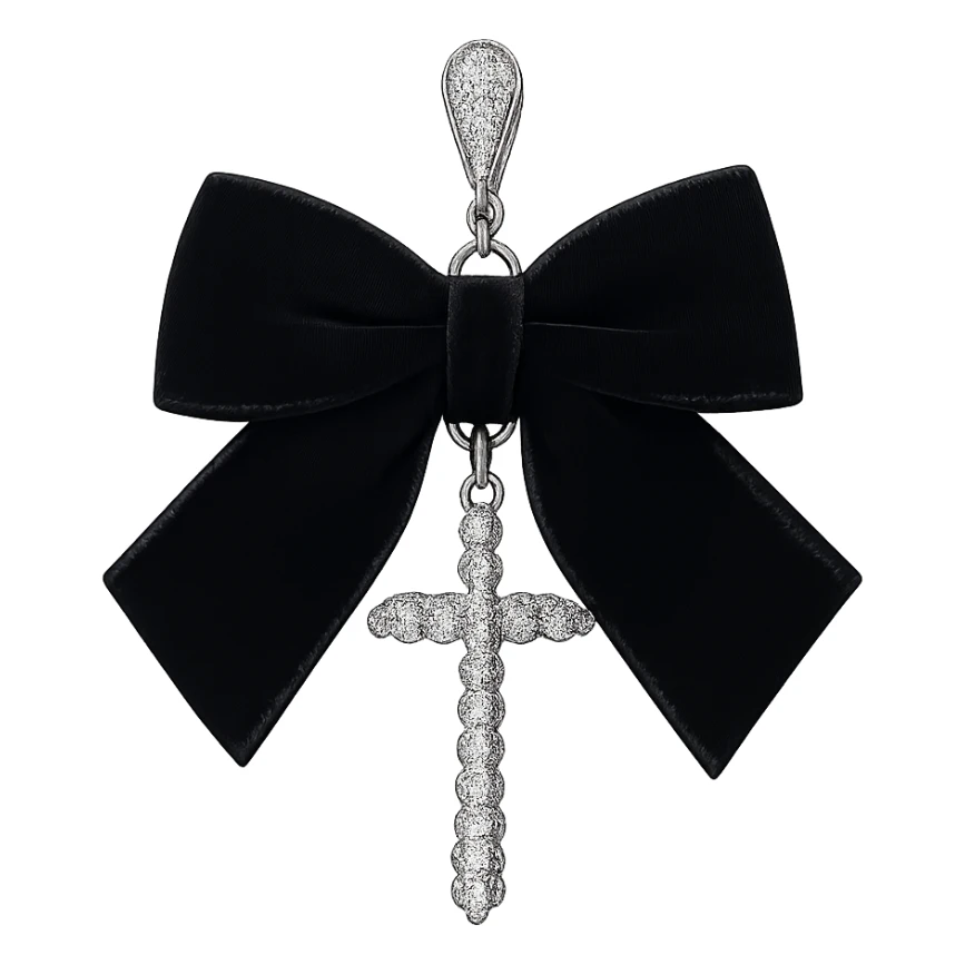 Isolate and keep only the realistic goth earring with black velvet ribbon and silver cross, remove the background entirely. sticker
