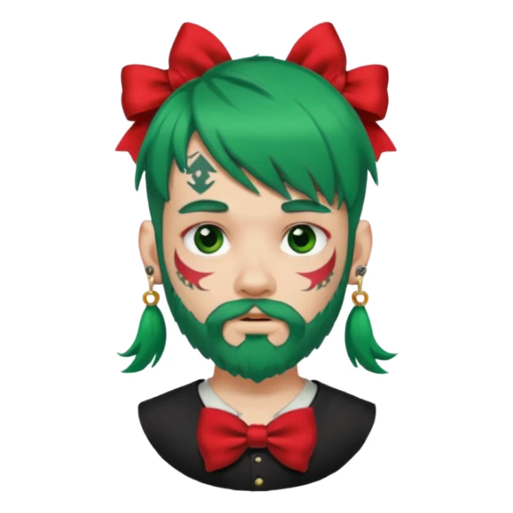 boy with bangs and green hair and red hairbow on side and earrings and very heavy face tattoos and beard sticker