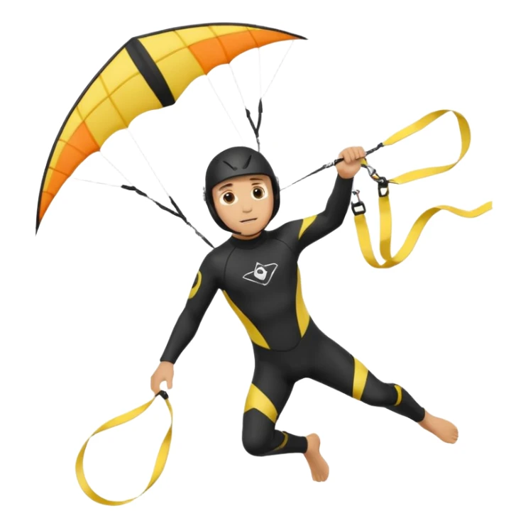 Kiterman, caucasico traje neopreno negro y casco negro, haciendo un down loop con la cometa sticker