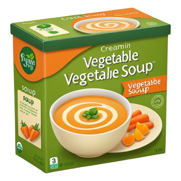 rectangular carton of vegetable soup with green and orange color scheme, screw cap, front shows swirl of creamy orange soup and subtle vegetable imagery, no branding or text, upright clean shape, shelf-stable packaging, soft lighting, subtle shadows, emoji scale sticker
