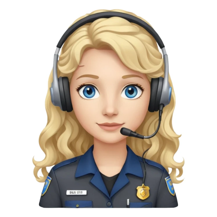911 dispatcher dark gray uniform, blue eyes, long curly blonde hair, head set sticker