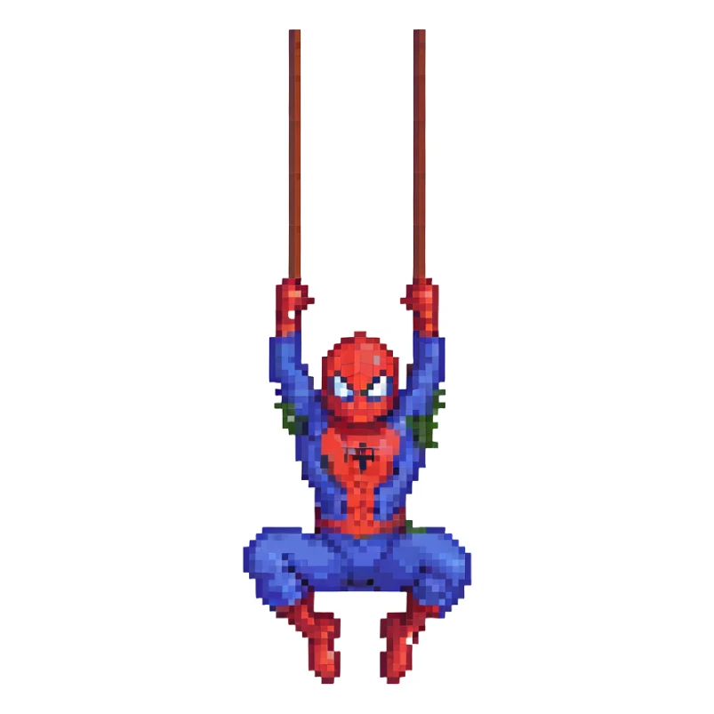Spiderman as a pixel art character, simple and retro, swinging on a web sticker