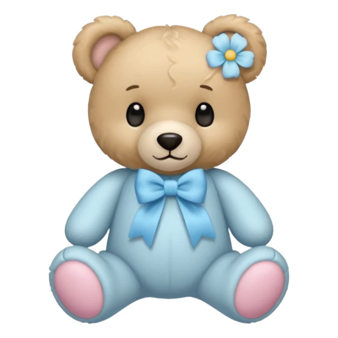 teddy bear with pastel blue bow and flower sticker