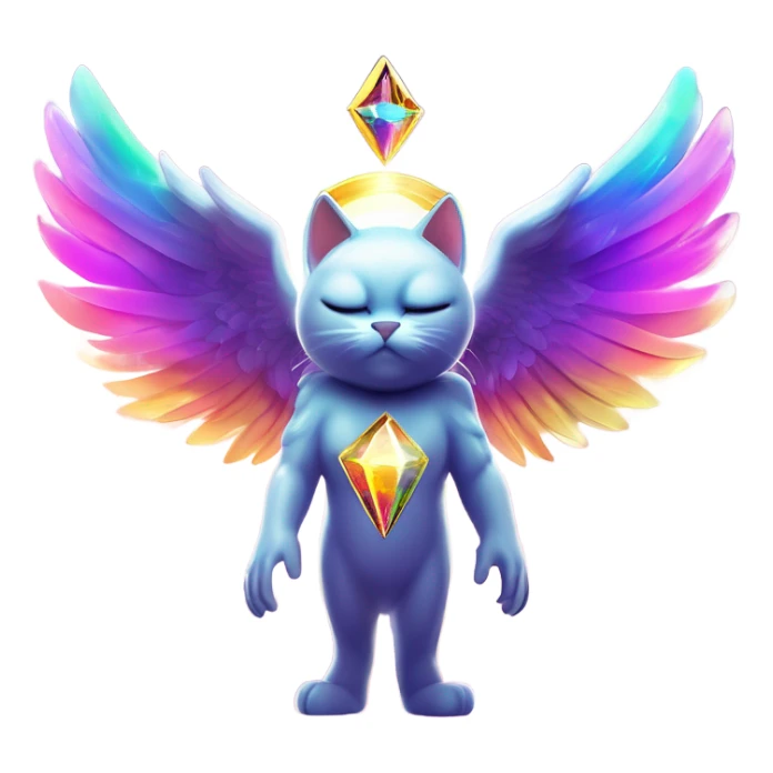 Omega ultra cosmic galactic hyperverseal alpha Transcendent Heavenly Rainbow 4d Diamond ultra mega surpream beyond Omni-Cat God with wings and a ring around its body and another ring above it’s head full body sticker