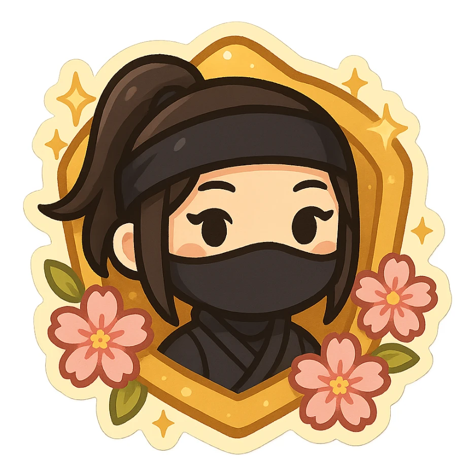 Keep the previous badge design with the chibi ninja girl's face in the center, gold color, sakura flowers, sparkly effects, and badge shape. Make the badge a little less realistic and more stylized, with softer shading and simpler, cleaner lines, but keep the overall look close to the previous version. Transparent background, sized for Twitch or Discord use. sticker
